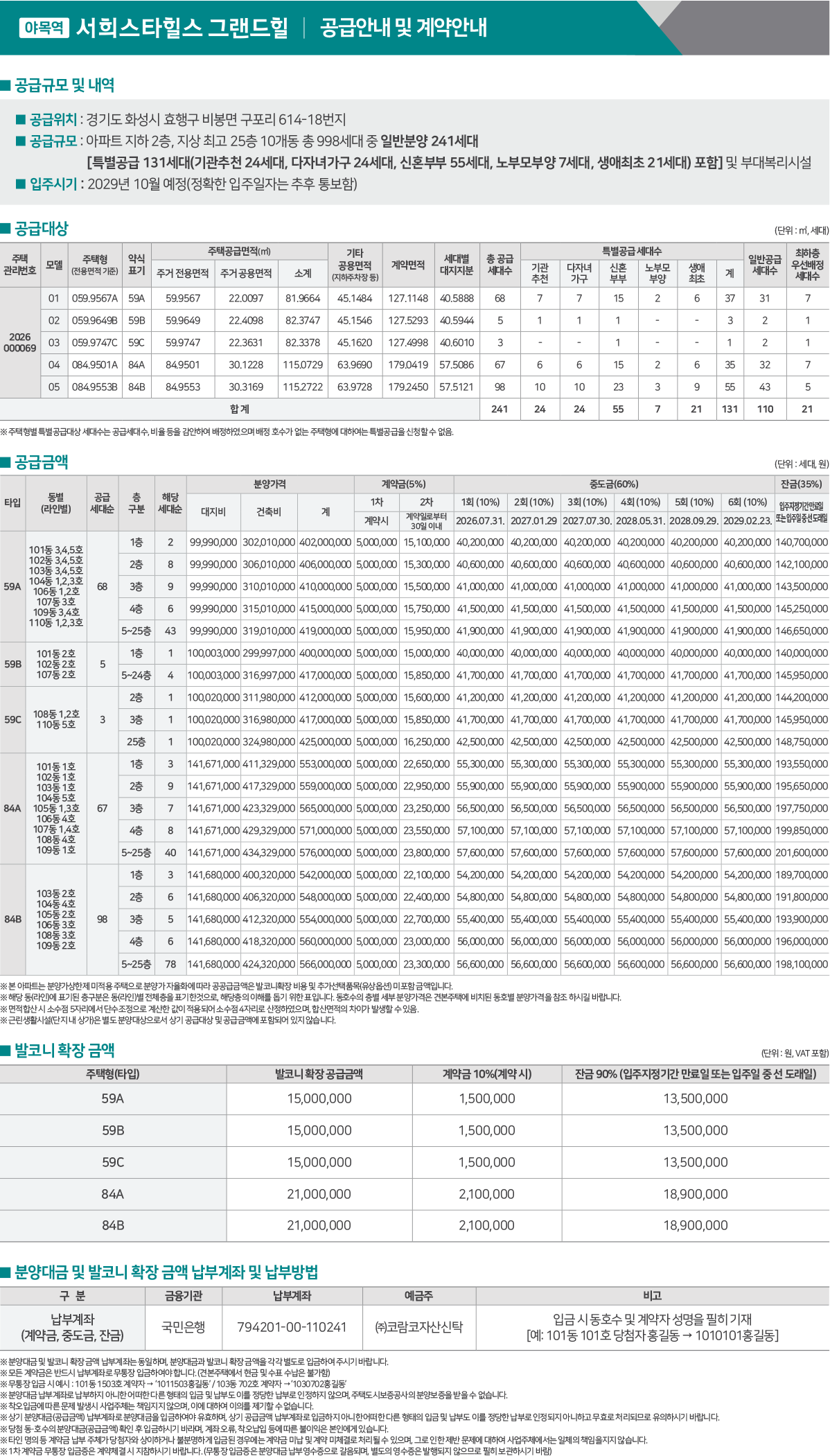 야목역 서희스타힐스 그랜드힐 공급안내 (59㎡A·B·C / 84㎡A·B 타입)